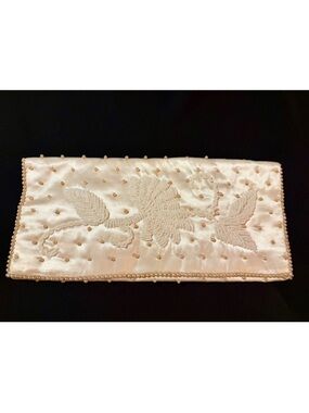 Vintage Ivory Satin hand-Beaded Floral Clutch Made in Japan